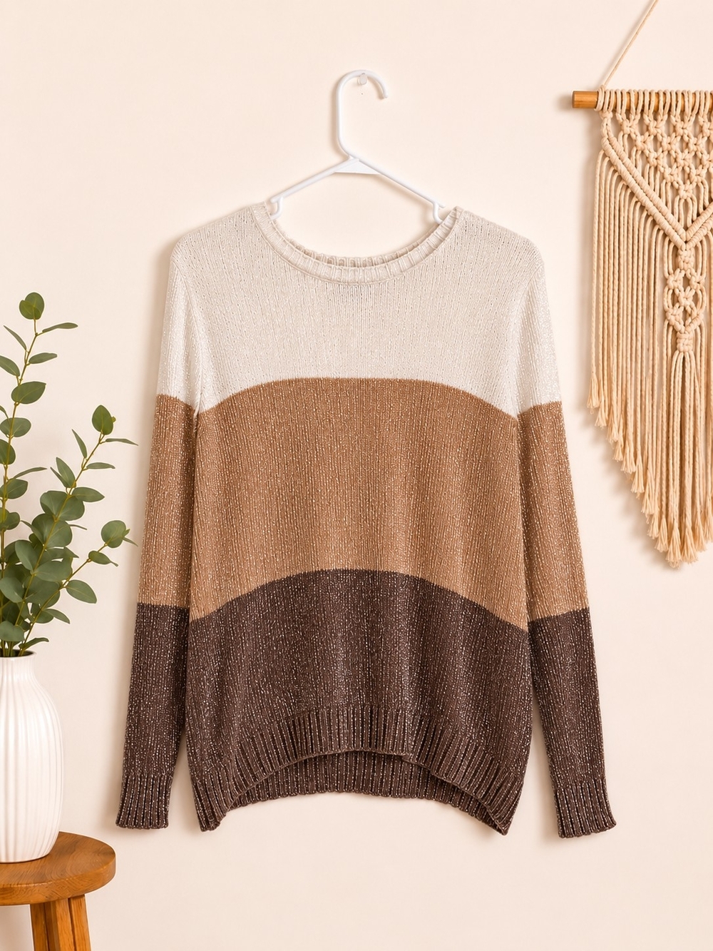Colorblock Crewneck Sweater in Cream, Tan & Brown